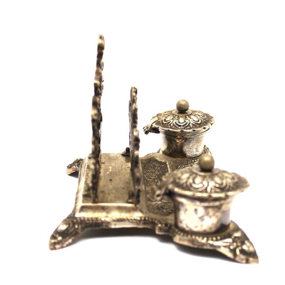 Rococo Style Silver Plated Brass Desktop Double Inkwell w/Cherubs Letter Holder - Picture 8 of 11